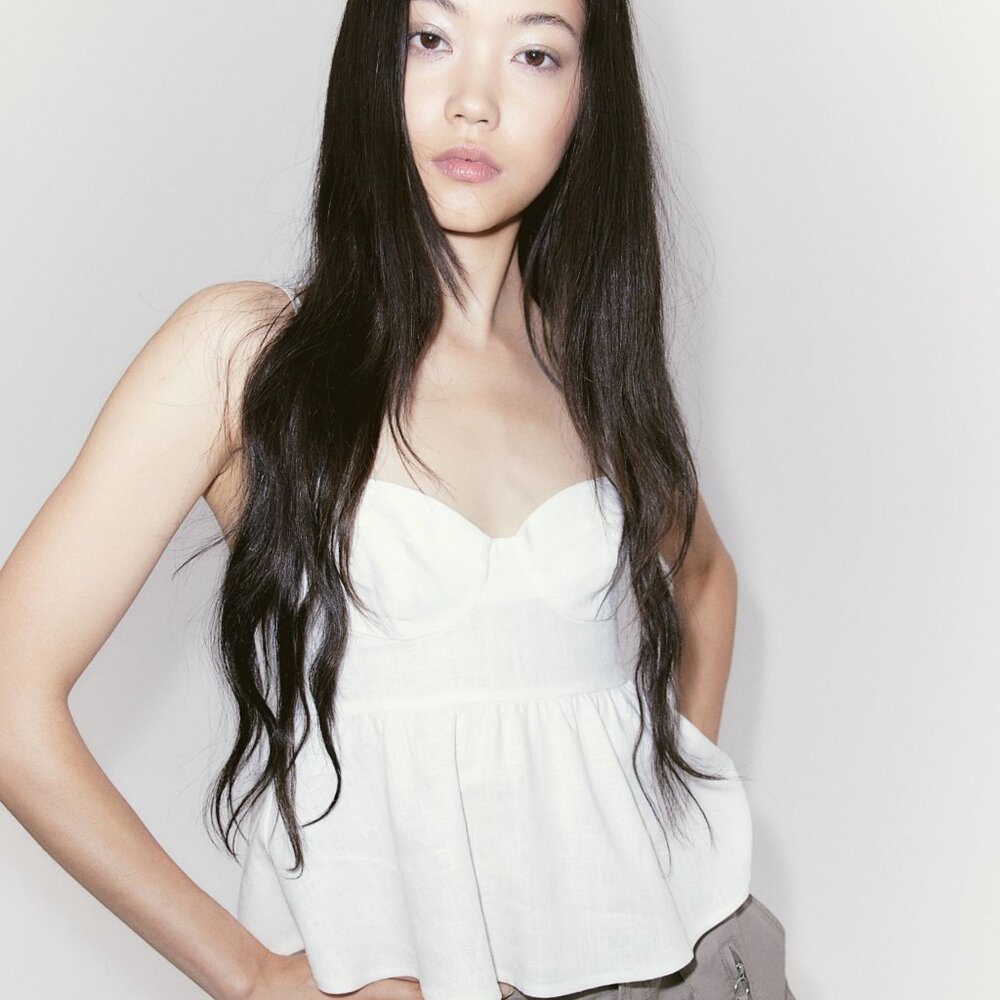 Cream Linen-blend Bustier Top, size S, H&M